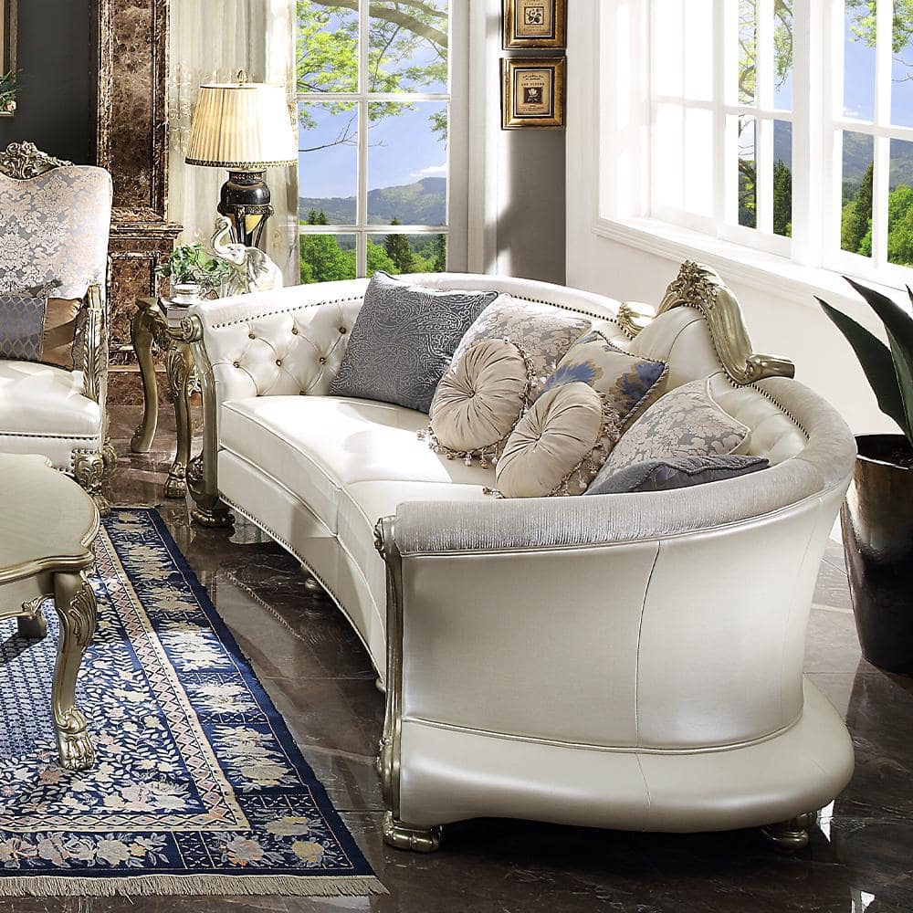 Dresden II Pearl Gold Patina Tufted Leather Sofa with Pillows