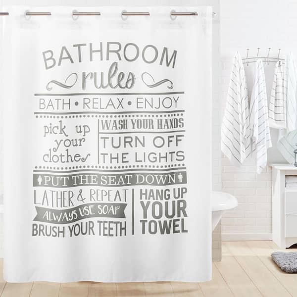 HOOKLESS Bathroom Rules 71 in. W x 74 in. L Polyester Shower Curtain in Grey and White