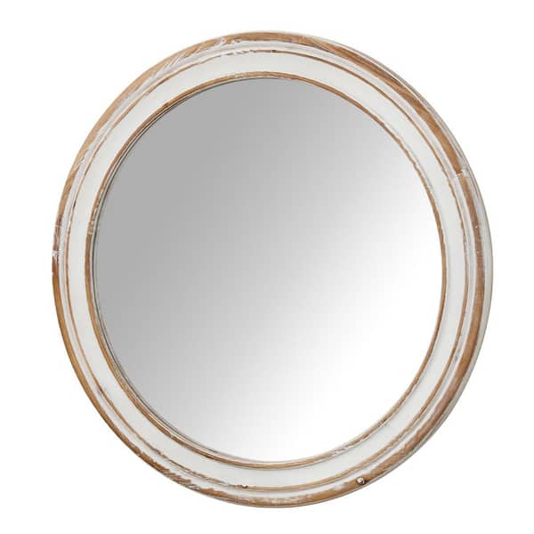 31.5 in. W x 31.5 in. H Round Wood Frame Wall Mount Bathroom Vanity Mirror in Antique Natural Whitewash Finish