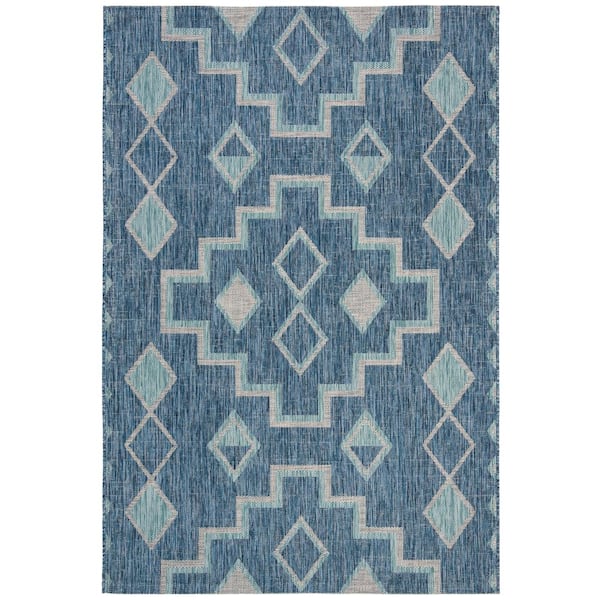 Courtyard Navy/Aqua 4 ft. x 6 ft. Geometric Indoor/Outdoor Patio  Area Rug