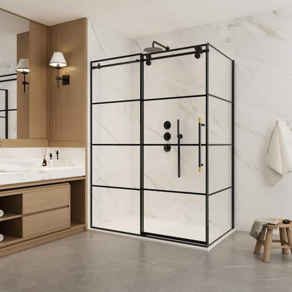 ROSWELL Losar 56 in. W x 78 in. H Rectangle Sliding Frameless Corner Shower Dooe Enclosure in Matte Black with Clear Glass
