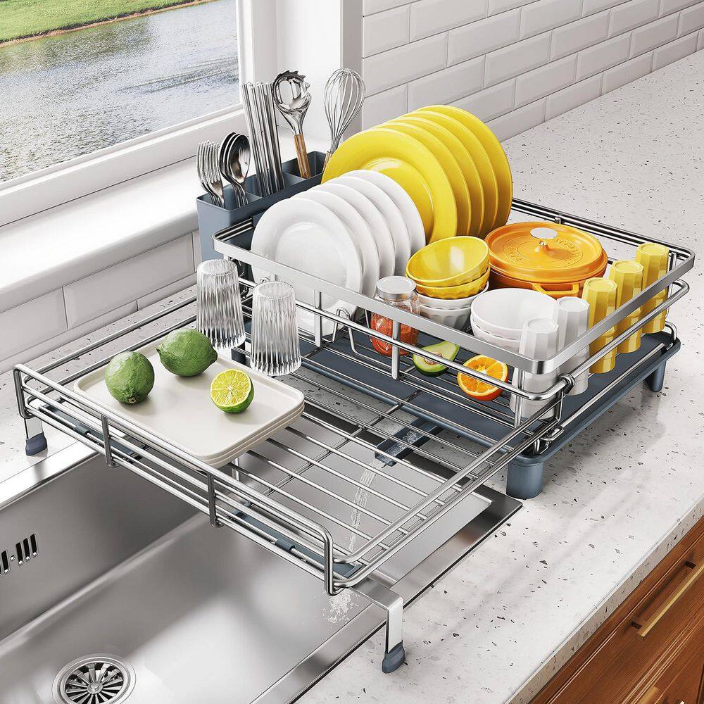 Wudkey Silver Extendable Stainless Steel Dish Rack with Utensil Holder ...