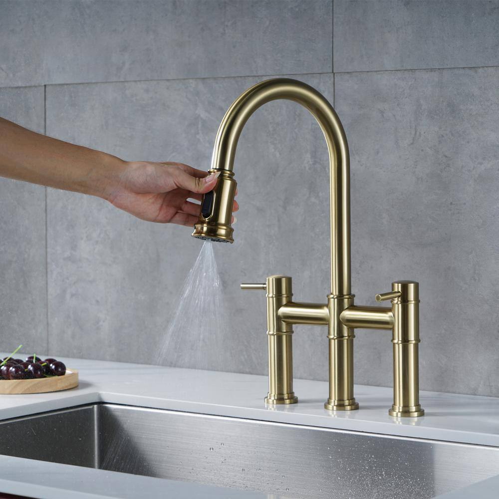Brushed Gold Double Handle Bridge Kitchen Faucet with Pull Down Sprayer