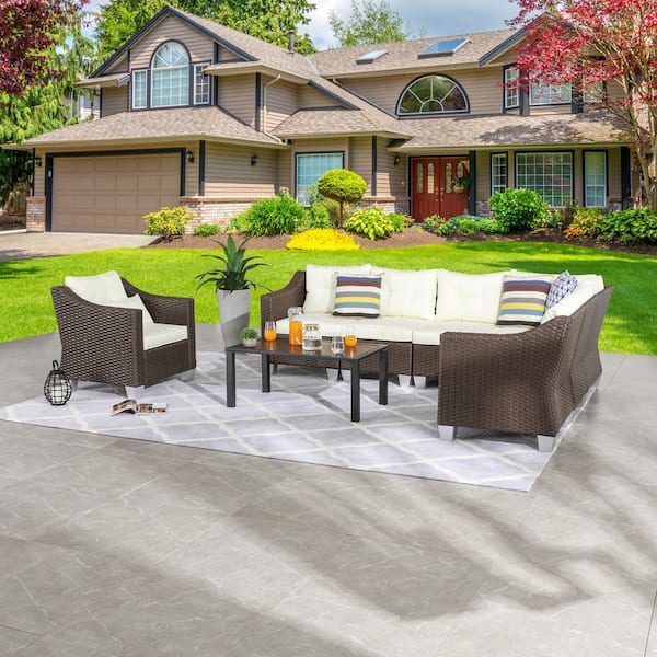 Patio Festival 8-Piece Wicker Patio Conversation Set with Beige Cushions