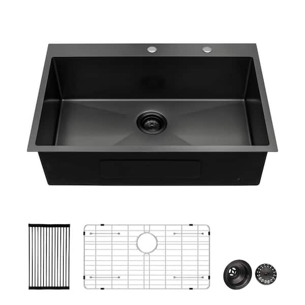 28 in. Drop-in Single Bowl 16 Gauge Gunmetal Black Stainless Steel Kitchen Sink with Bottom Grids