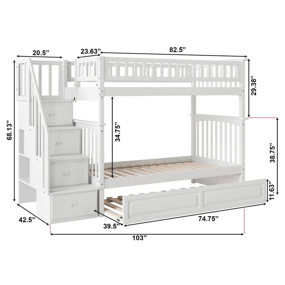 White Twin Over Twin Wood Bunk Bed with Trundle and Storage
