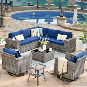 Marvel Gray 9-Piece Wicker Wide Arm Patio Conversation Set with Navy Blue Cushions and Swivel Rocking Chairs