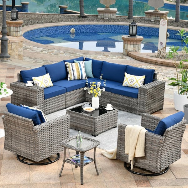 OVIOS Marvel Gray 9-Piece Wicker Wide Arm Patio Conversation Set with Navy Blue Cushions and Swivel Rocking Chairs