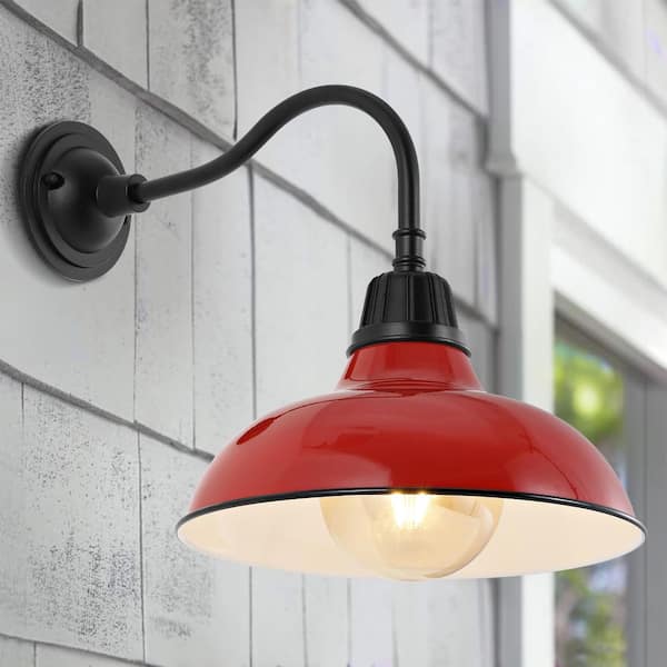 JONATHAN Y Aurora 12.25 in. Red 1-Light Farmhouse Industrial Indoor/Outdoor Iron LED Gooseneck Arm Outdoor Sconce