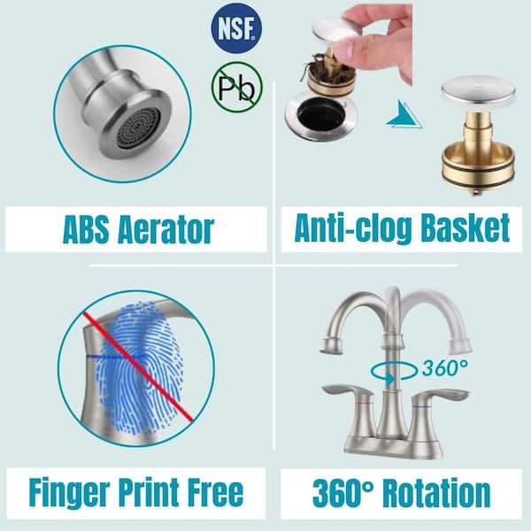 4 in. Centerset Double Handle 360° High Arc Bathroom Faucet with Drain Kit and Pop-up Drain in Brushed Nickel