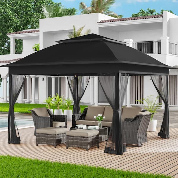 Black Steel Portable Pop-Up Gazebo with Mosquito Netting 11 ft. x 11 ft. . .