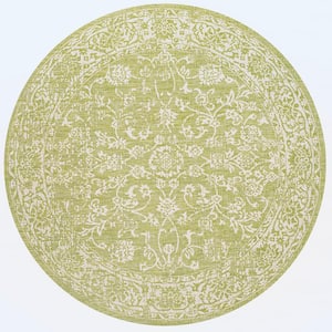 Tela Bohemian Textured Weave Floral Green/Cream 5 ft. Round Indoor/Outdoor Area Rug