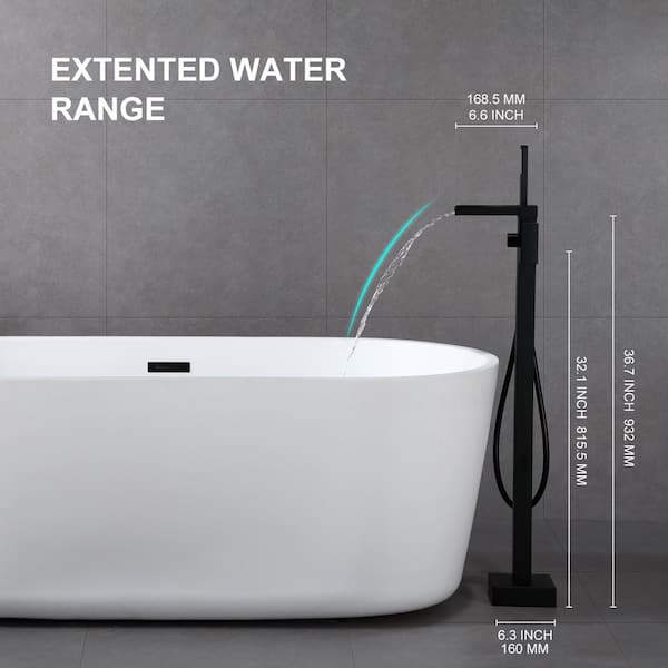 Waterfall Spout Single-Handle Floor Mount Freestanding Tub Faucet with Handheld Shower in Matte Black