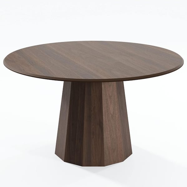 52 in. Wood Walnut Color Column Pedestal Round Kitchen Table Dining Table Seats 4