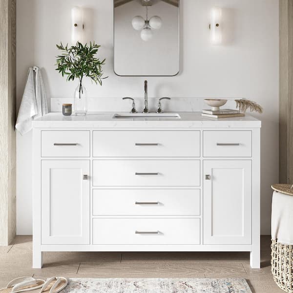 ARIEL Bristol 54.25 in. W x 22 in. D x 36 in. H Single Sink Freestanding Bath Vanity in White with Carrara White Quartz Top