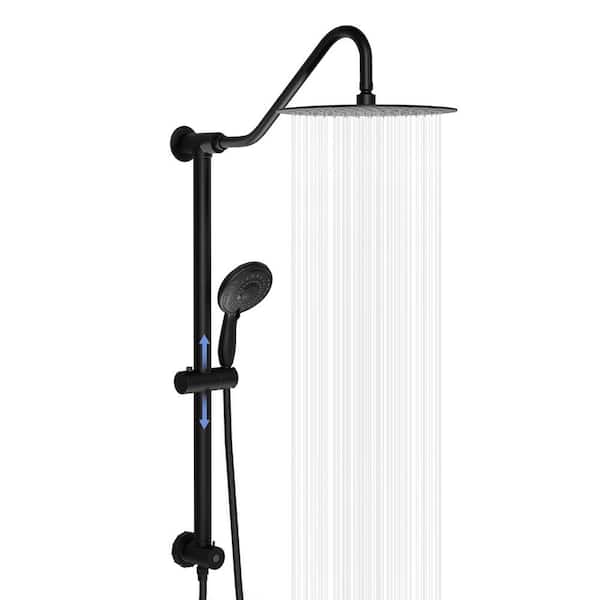 5-Spray Patterns 10 in. Round Shower Faucet with 26.3 in. Slide Bar 1.8 GPM Wall Mount Shower Head in Matte Black