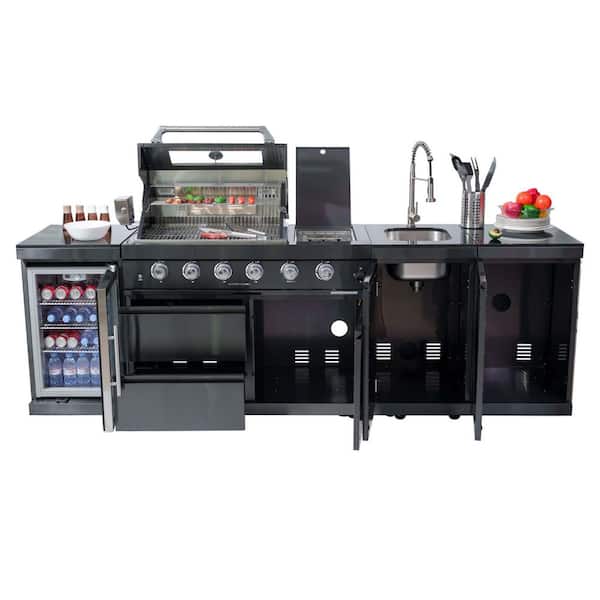 4-Burner Propane Gas Grill Island in Stainless Steel with Refrigerator and Sink