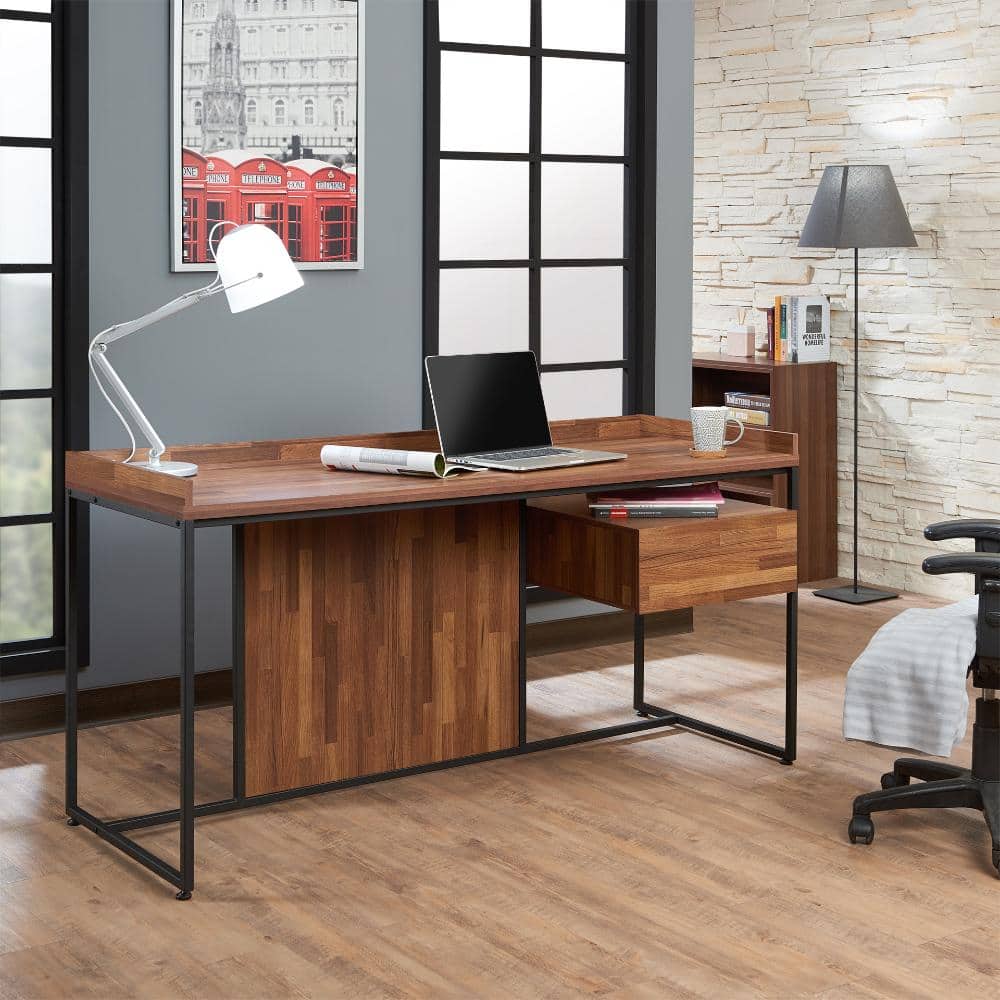 Walnut Writing Desk with 1 Drawer, Black Sled Base, Sturdy & Compact