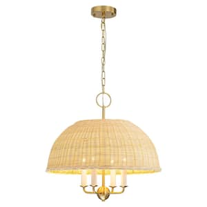 Raven 4-Light Gold with Beige Woven Rattan Dome Chandelier