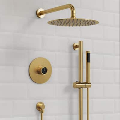 Pressure Balance 1-Handle Wall Mount 10 in. Round 2-Spray Shower Faucet 2.5 GPM with Anti Scald in Brushed Gold