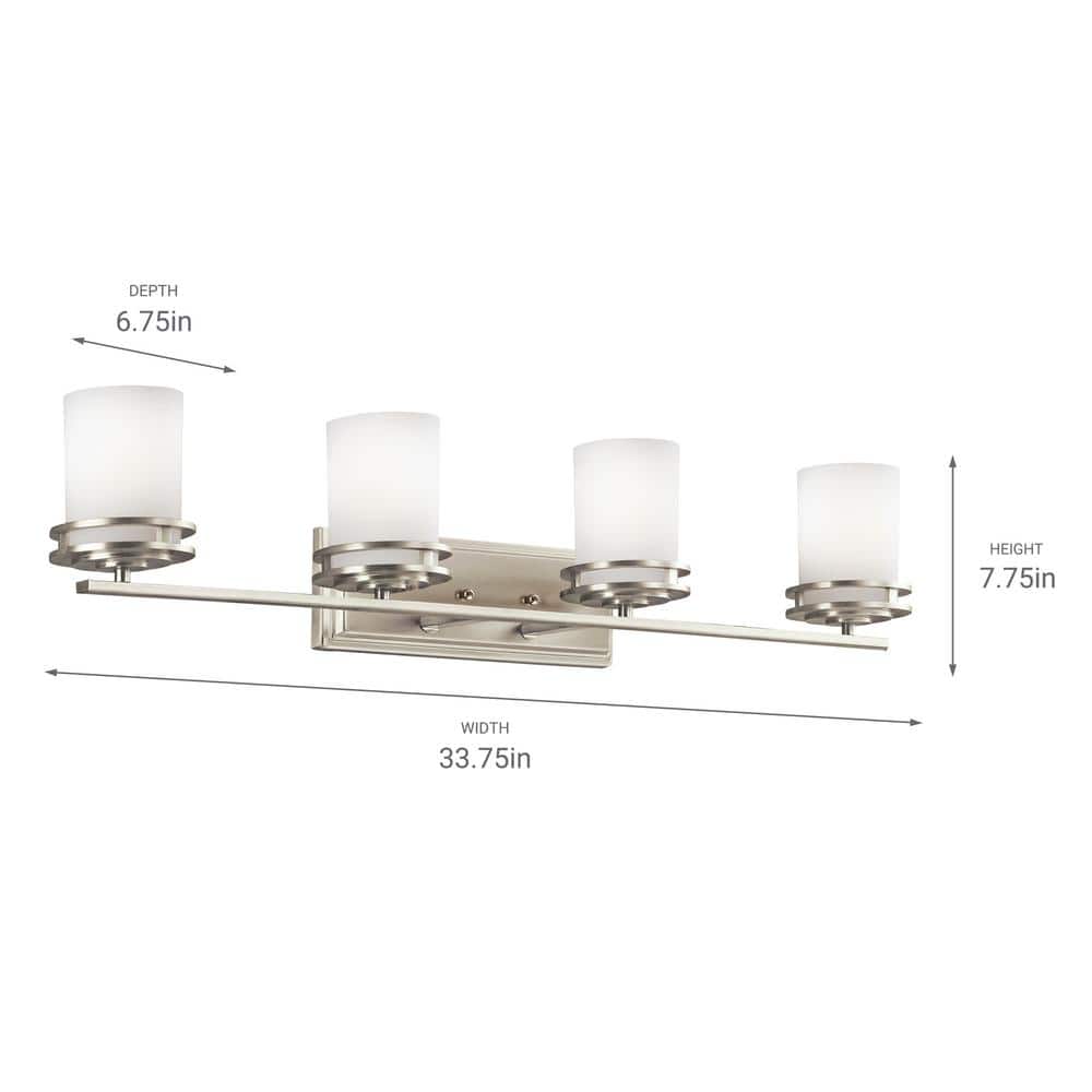 Brushed Nickel 4-Light Modern Bathroom Vanity with White Glass Shades