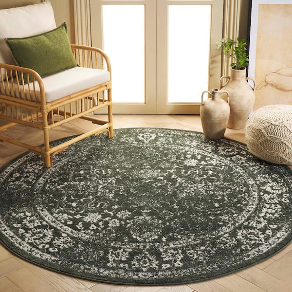 Adirondack Dark Green/Ivory 4 ft. x 4 ft. Border Distressed Round Area Rug