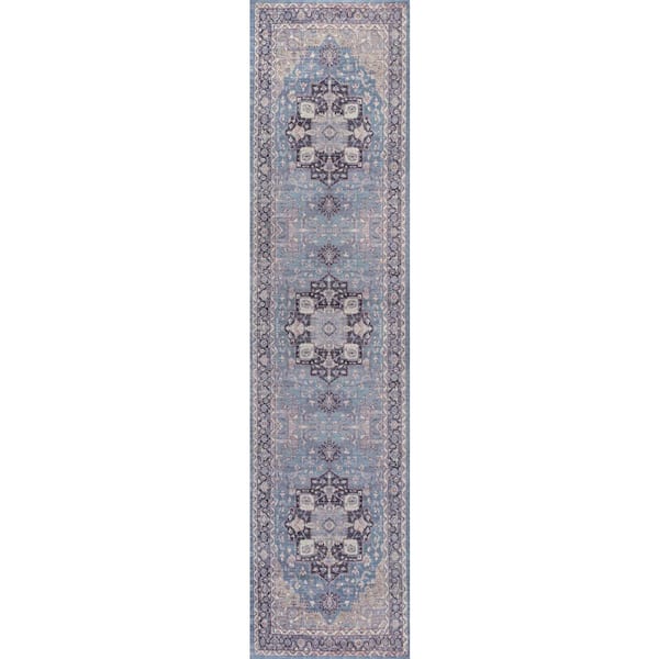 Maris Ornate Medallion Machine-Washable Blue/Cream 2 ft. x 8 ft. Runner Rug