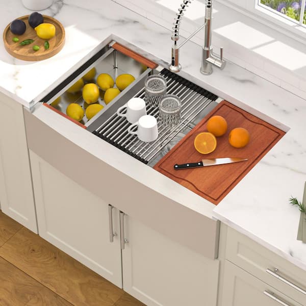 36" Stainless Steel Farmhouse Sink, Single Bowl Apron Front, with Workstation & Accessories, Undermount Installation