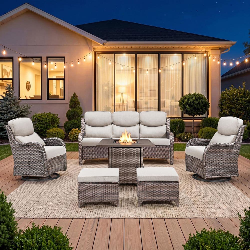 Sialion 6-Piece Wicker Patio Conversation Set with Fire Pit, Outdoor Glider Furniture Sets with 5 in. Cushions in Beige price history on PriceWatchPro