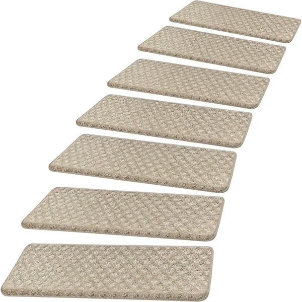 Cream Gray Mini-diamond Trellis 9.5 in. x 30 in. Bullnose Carpet Polypropylene Stair Tread Cover Set of 14
