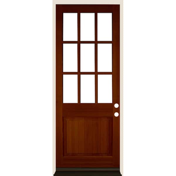 Krosswood Doors 36 in. x 96 in. Farmhouse Beveled 9-Lite Clear Glass Left Hand Red Chestnut Stain Hemlock Wood Prehung Front Door