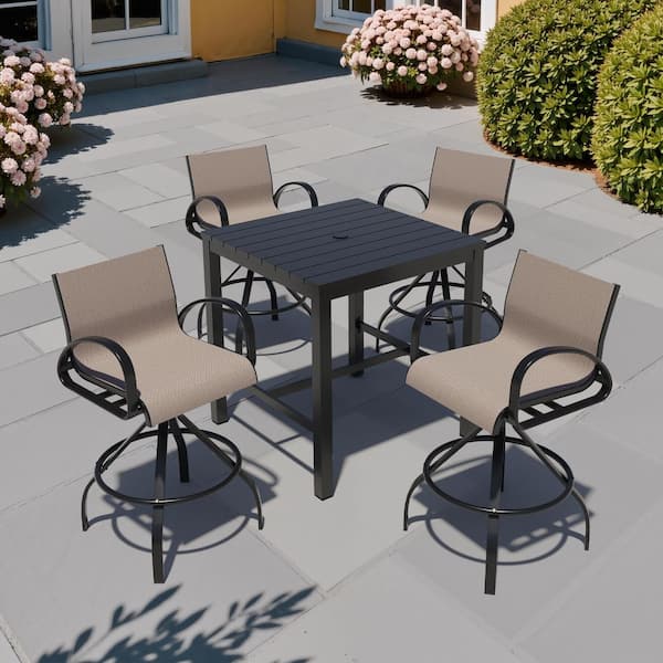 5-Piece Square Aluminum Outdoor Dining Set with 35.4 in. Table and Ashe Sunreblla Swivel Bar Stool