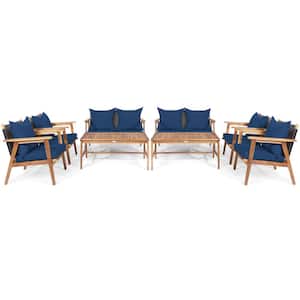 8PCS Wood Patio Conversation Set Sectional Sofa Set for Garden with Coffee Table and Navy Cushions
