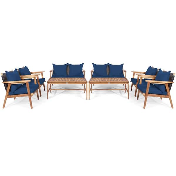 8PCS Wood Patio Conversation Set Sectional Sofa Set for Garden with Coffee Table and Navy Cushions
