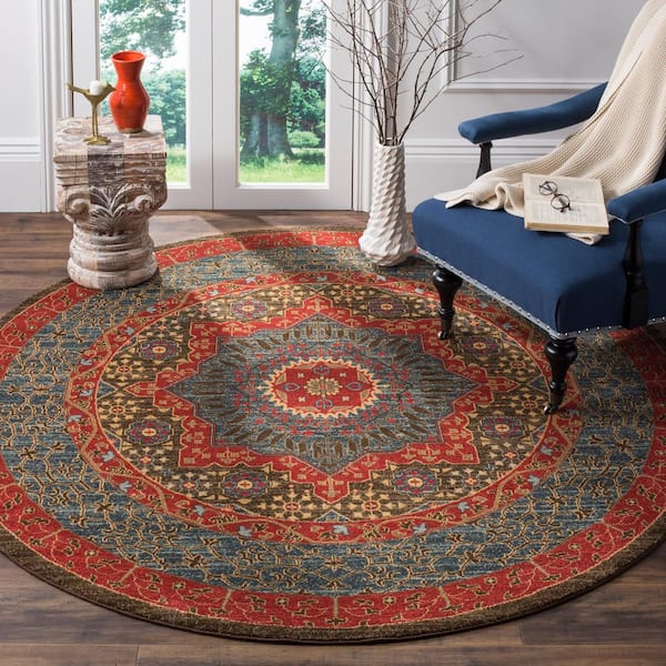 Mahal 9 ft. x 9 ft. Round Navy/Red Antique Border Area Rug
