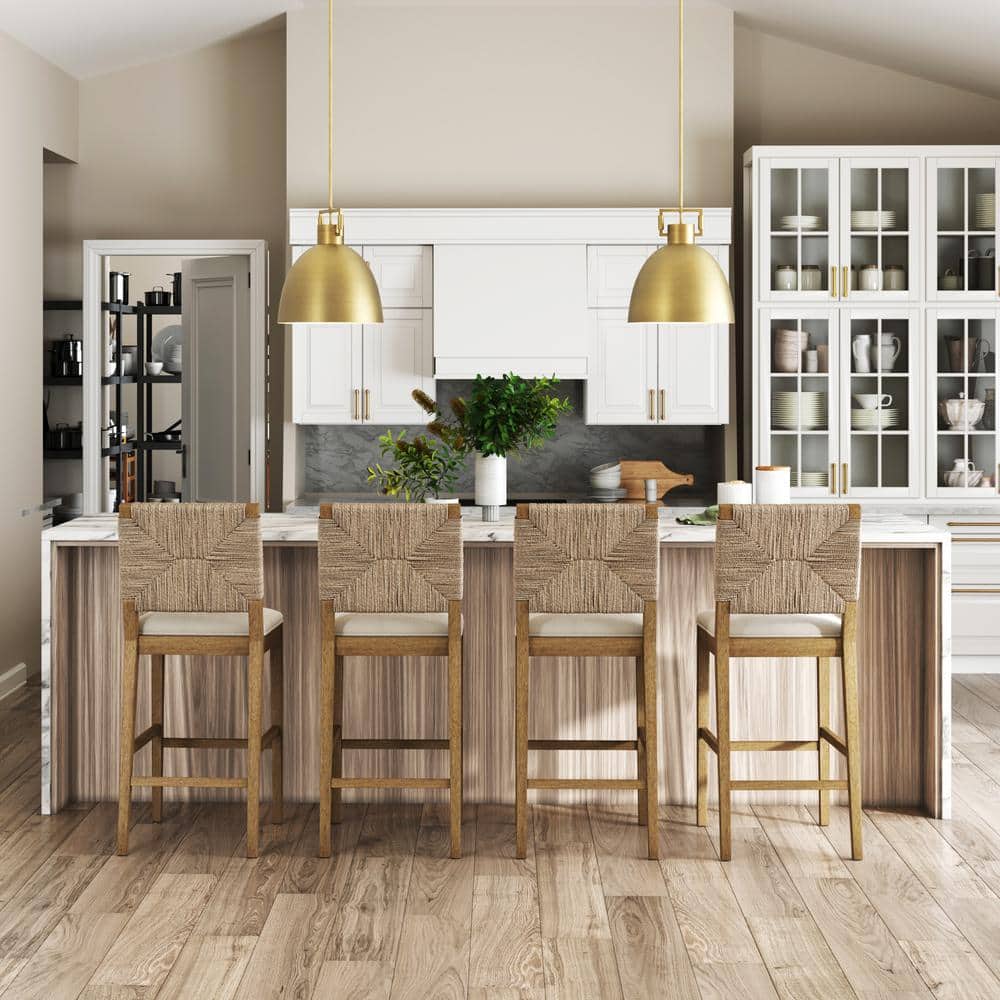 Beacon Light Brown Wood Bar Stools with Woven Backrest, Set of 4