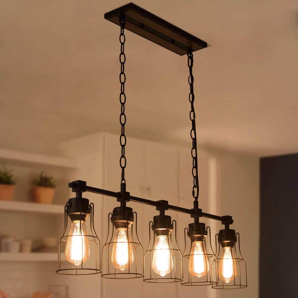 Modern Industrial Black Island Chandelier 5-Light Linear Large Hanging Pendant light with Geometric Metal Cage Shades price history on PriceWatchPro