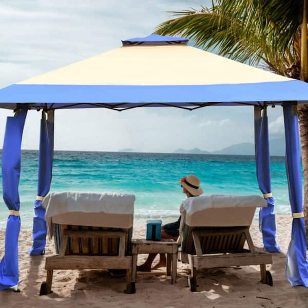 13 ft. x 13 ft. Pop Up Gazebo Tent Double-Tier Roof Canopy Tent in Blue with Carry Bag for Patio Garden