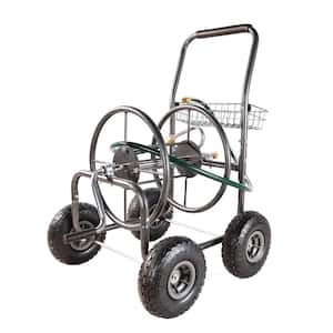 Portable Garden Hose Reel Cart Rust Resistant Heavy-Duty Water Hose Holder with 4 Wheels and Storage Basket