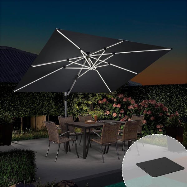 PURPLE LEAF 9 ft. x 12 ft. Aluminum Solar Powered LED Patio Cantilever Offset Umbrella with Base Plate, Gray