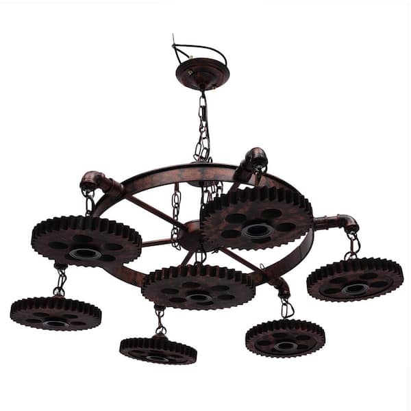 OUKANING 7-Light Rust Color Retro Gear-Shaped Pendant Light with Height-Adjustable Chain for Dining Rooms, No Bulbs Included