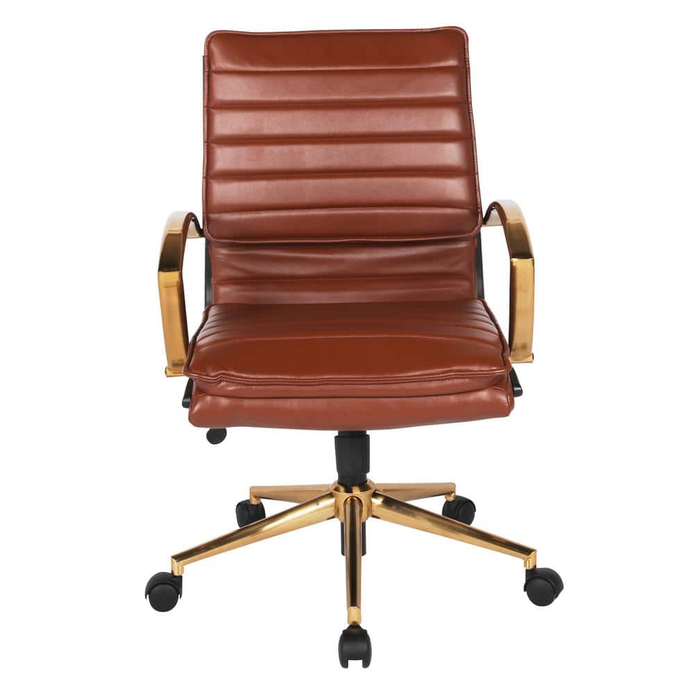 Mid-Back Faux Leather Chair with Gold Finish Base in Saddle Faux Leather