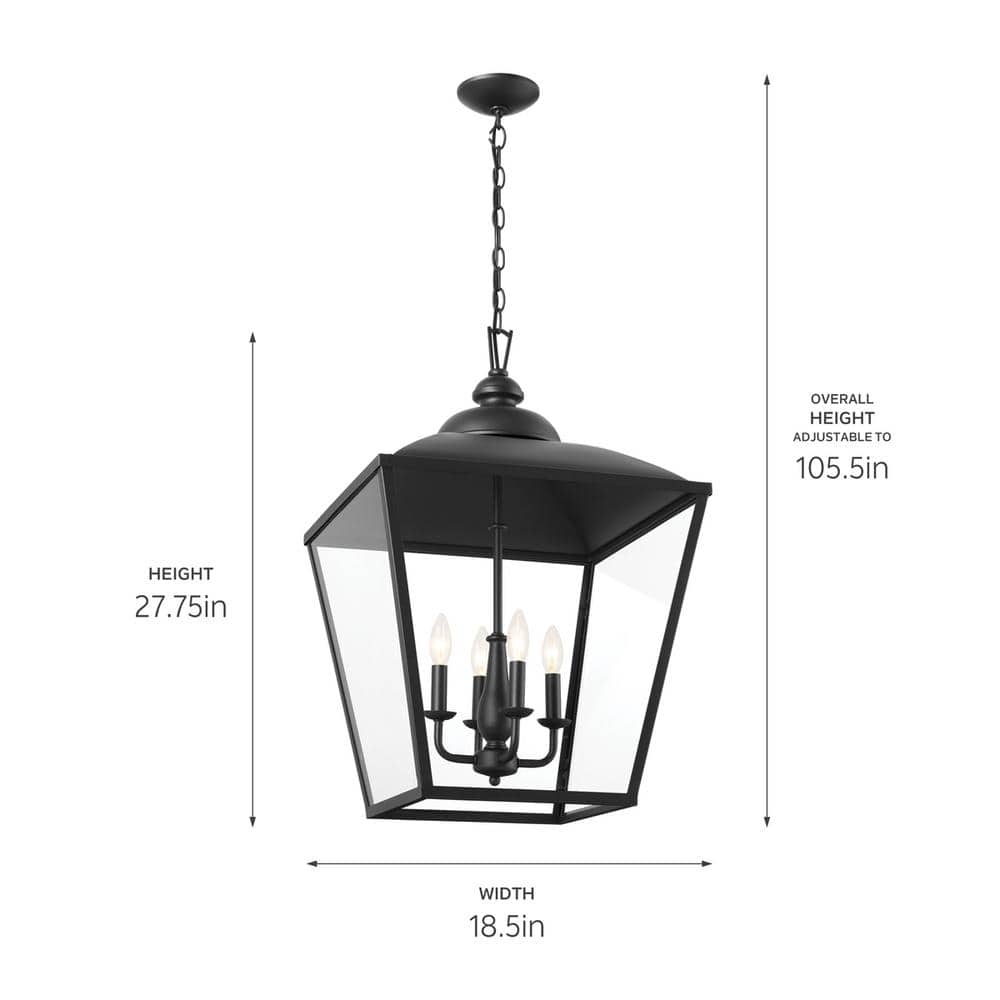 Textured Black 4-Light Lantern Pendant with Glass Panels