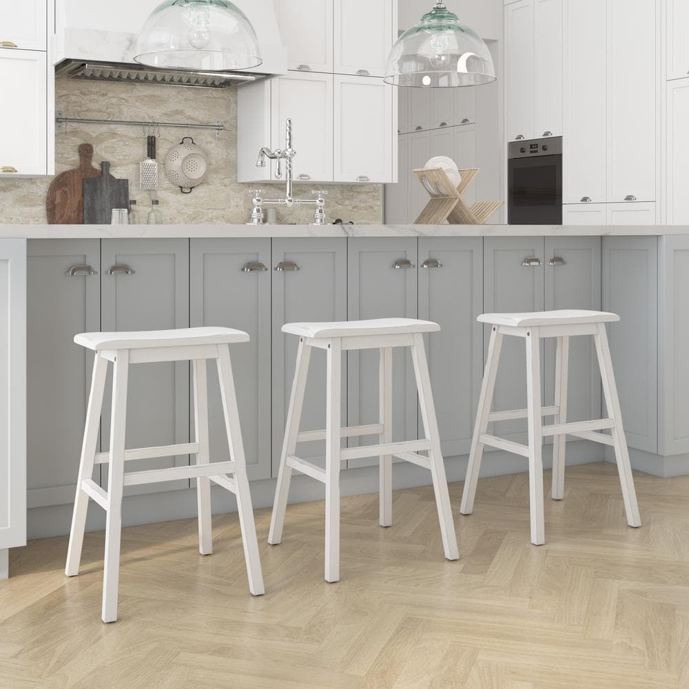 Sea White Wood Saddle Seat Backless Swivel Bar Stool