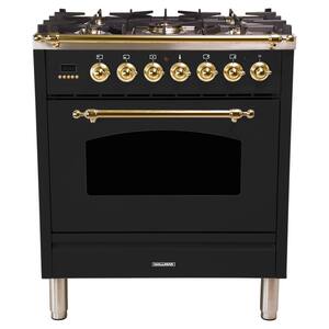 30 in. 3.0 cu. ft. Single Oven Dual Fuel Italian Range with True Convection, 5 Burners, Brass Trim in Glossy Black