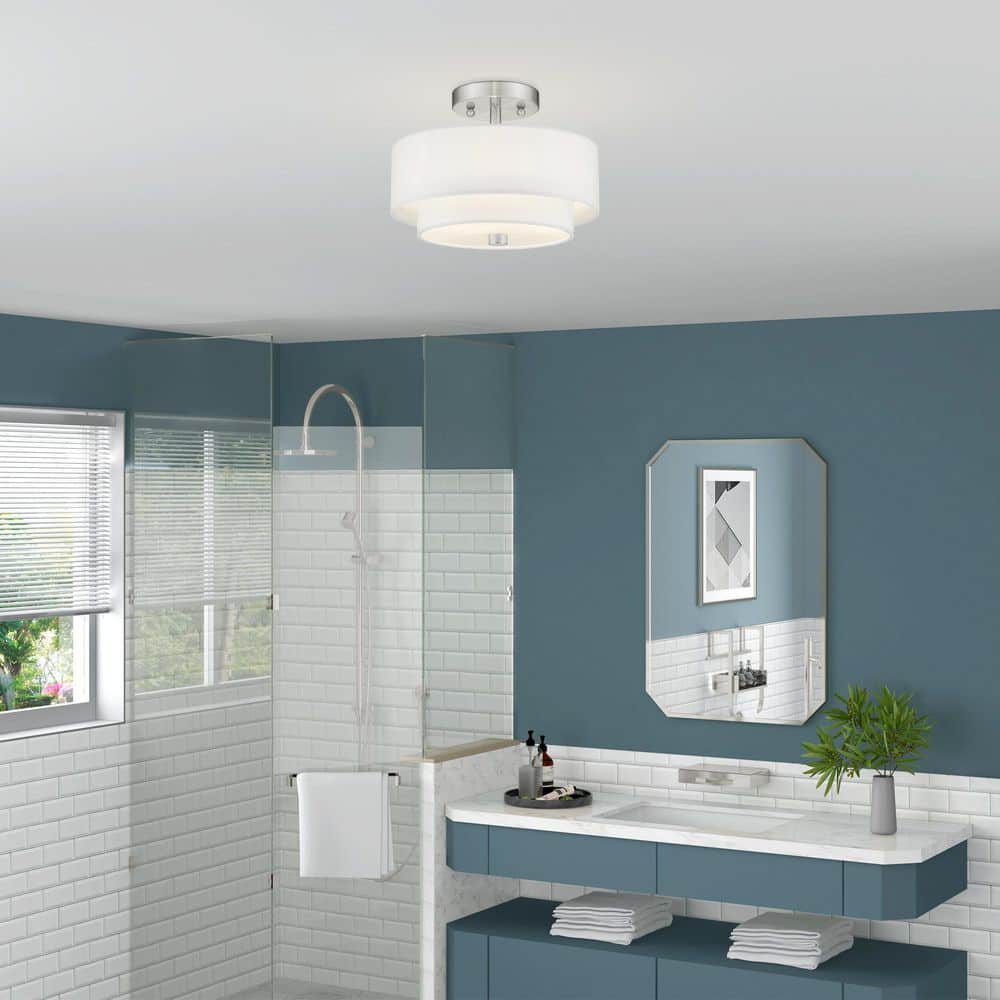 Claremont Brushed Nickel 2-Light Semi-Flush Mount with Off-White Drum Shade