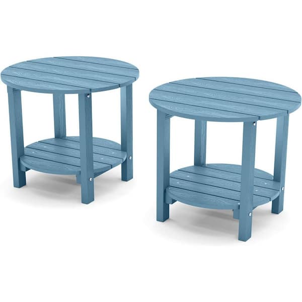 Mximu 18 in. Blue Round Plastic Adirondack Outdoor Double Layer Patio Side Table (set of 2)