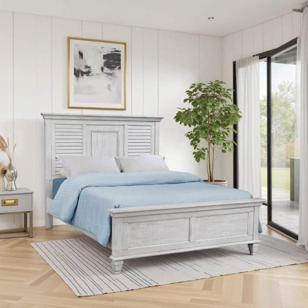 Benjara Eli White Wood Frame Queen Size Panel Bed with Headboard