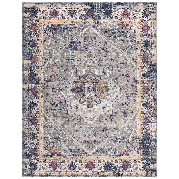 SAFAVIEH Evoke Gray/Navy 8 ft. x 10 ft. Floral Medallion Area Rug