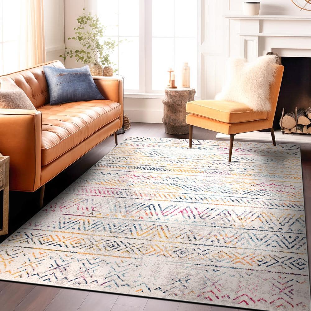 Multicolored Geometric Bohemian Synthetic Area Rug 7'10" x 10'